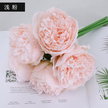 Elegant European Style Fake Peony Bouquet - 5-Head Artificial Flowers for Home Decor and Wedding Decorations, Stunning Faux Green Plants for Timeless Arrangements