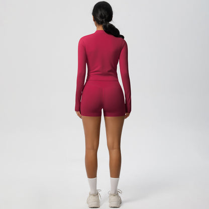 Soft Brushed Zip Up Jacket and High Waisted Short Yoga Set for Outdoor Sports and Fitness Training