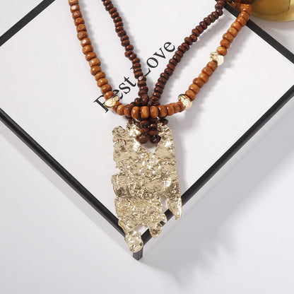 Bohemian-Inspired Vintage Multi-Layered Beaded Long Necklace with Unique Irregular Wood Beads - Perfect for Your Summer Vacations