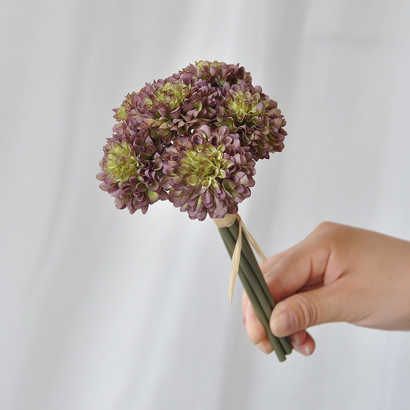 Lifelike Faux Dandelion Ball Chrysanthemum Silk Flowers | Short Stem Bouquet for Wedding Decorations | Set of 6 Stunning Handmade Arrangements