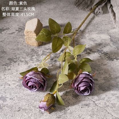 Stunning Artificial Three-Headed Rose Flower - Realistic Green Plants for Wedding Decor and Home Decoration - Perfect for Craft Projects (Model MW66008)