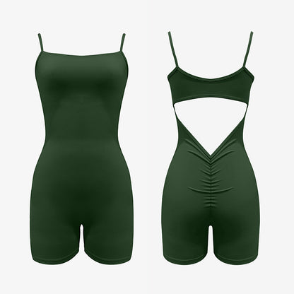 Chic Autumn Winter Bodysuit Adjustable Spaghetti Strap Romper with Back Cut Out V Cut Waist and Ruching for Yoga and Casual Wear