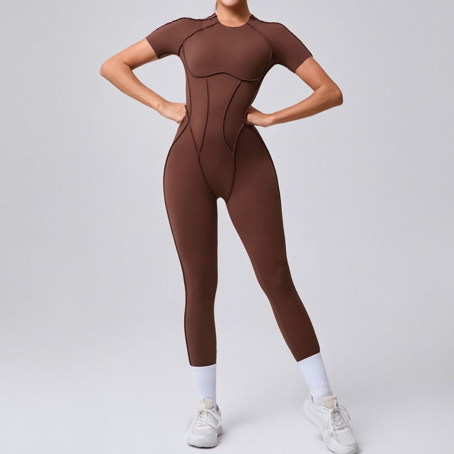 Autumn Winter 3D Backless Fitted Short Sleeve Jumpsuit with Long Pants All in One Yoga and Workout Ensemble for Maximum Comfort and Performance