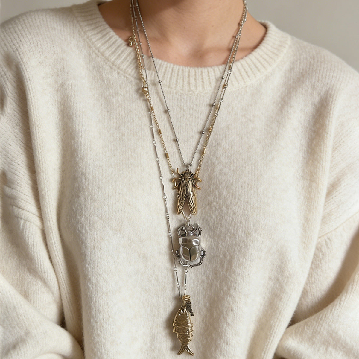 Unique Animal-Inspired Insect Alloy Beetle Cicada Fish Pendant Necklace – Multi-Layered Design Perfect for Any Occasion