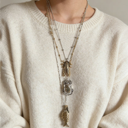 Unique Animal-Inspired Insect Alloy Beetle Cicada Fish Pendant Necklace – Multi-Layered Design Perfect for Any Occasion