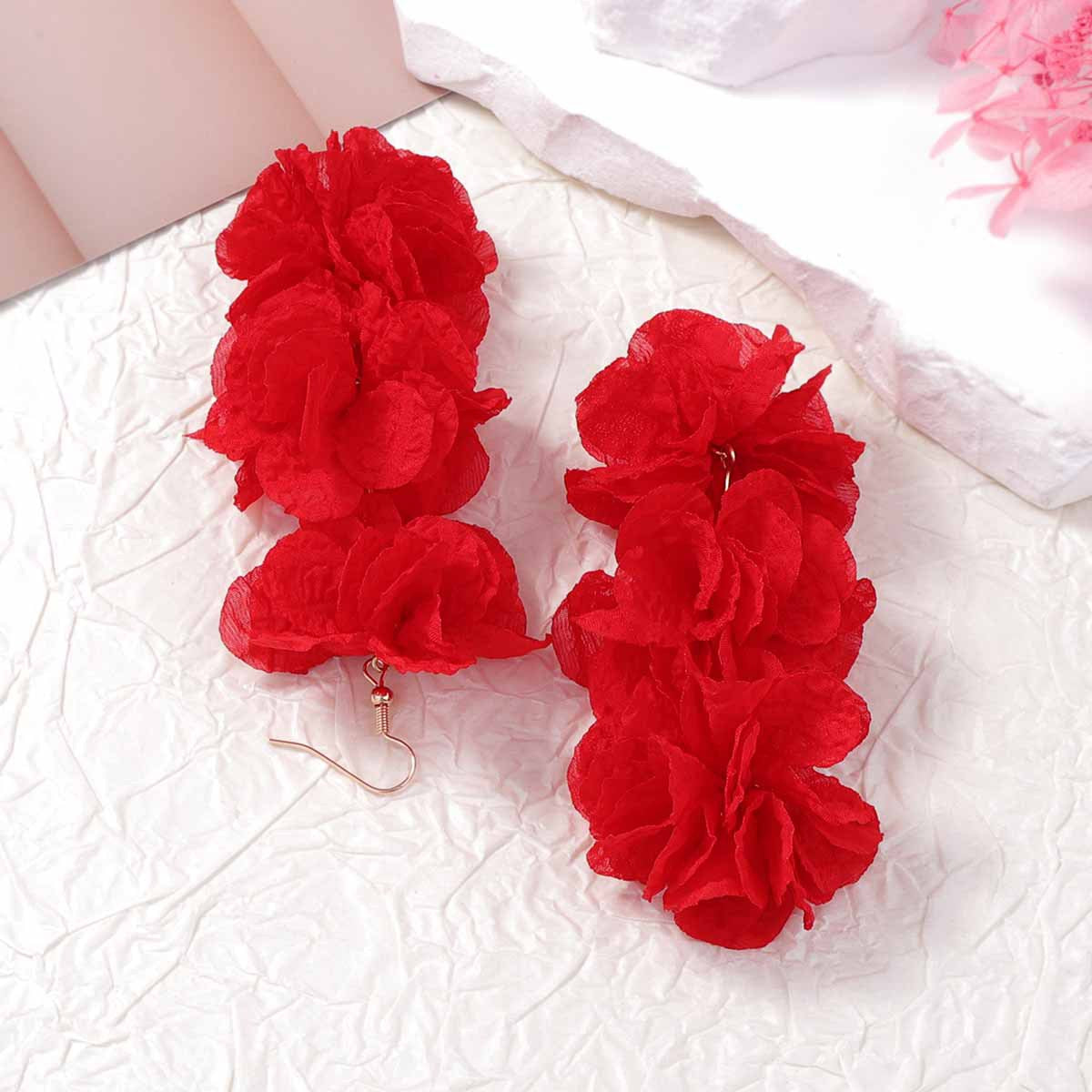 Exaggerated Floral Fabric Drop Earrings for Women - Versatile Spring/Summer Essential for Everyday Style and Commuting