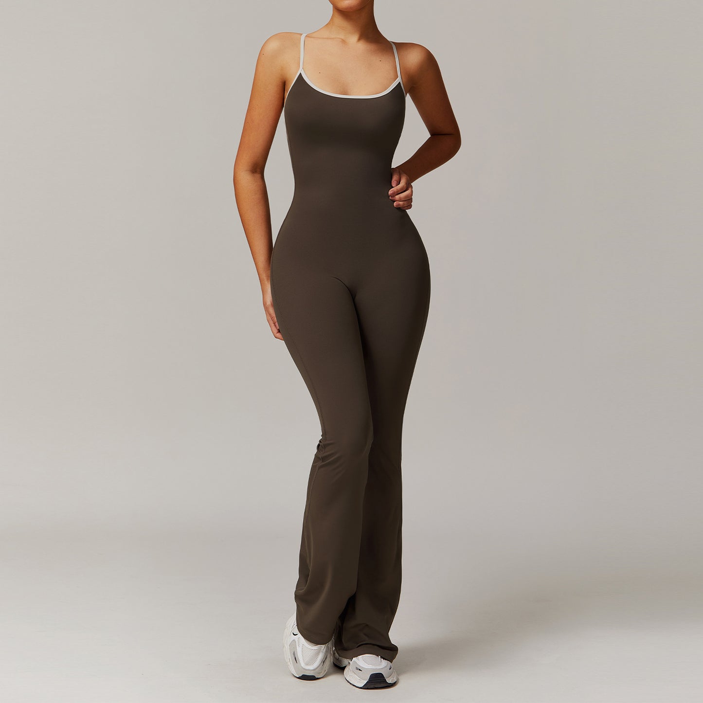 Cross Back Yoga Bodysuit with Ruched Details Flared Sports Romper for Running Fitness Model 3013 for Comfort Style Performance