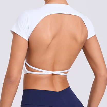 Women's Quick Dry Backless Workout T Shirt with Built In Bra Padding for Fitness and Yoga Sessions Model 71240