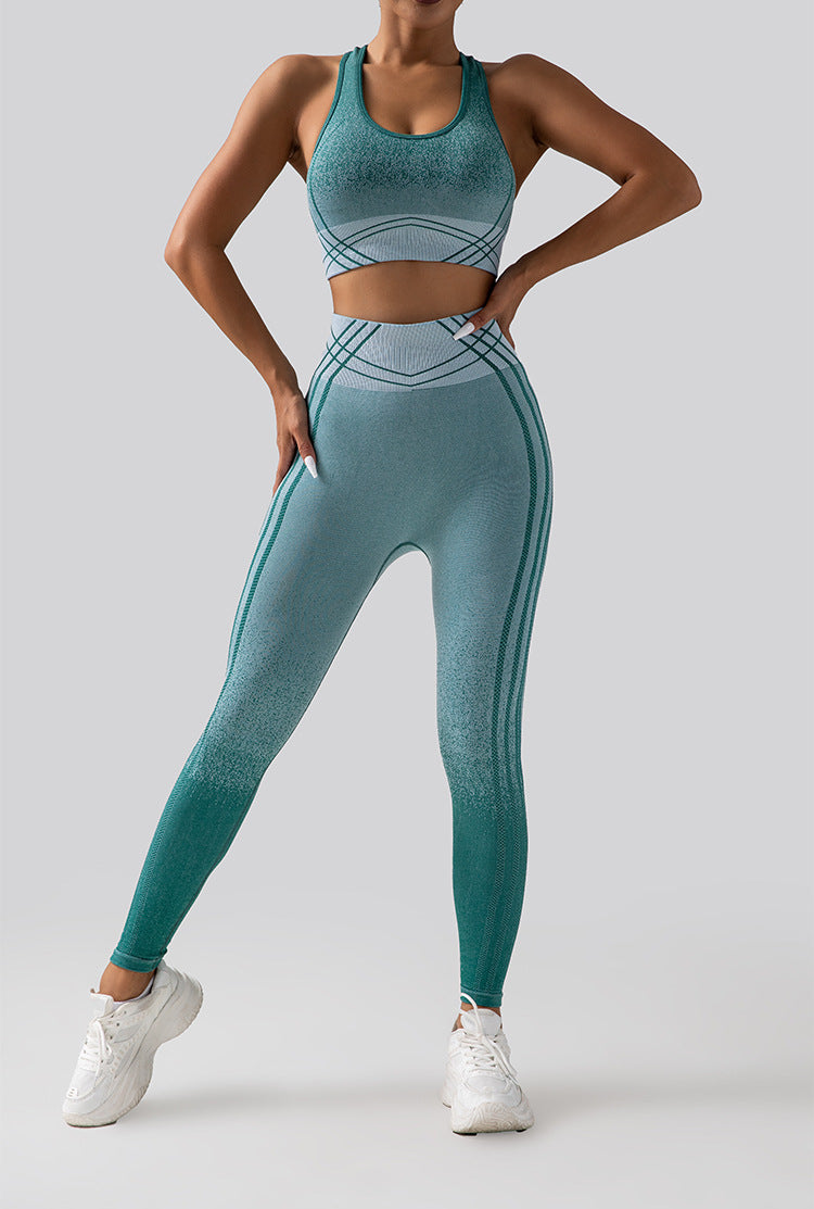 Gradient Yoga Outfit Set High Waisted Butt Lifting Leggings with Shockproof Sports Bra for Running and Fitness