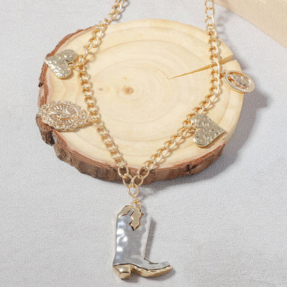 Stylish Western Cowboy-Inspired Alloy Boots Geometric Pendant Necklace - Everyday Commuter Accessory for Women