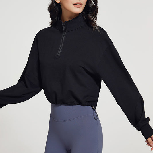 Women's Stand Up Collar Fitness Hoodie Loose Fitting Zip Up Sweatshirt with Drawstring Long Sleeves for Yoga and Active Wear