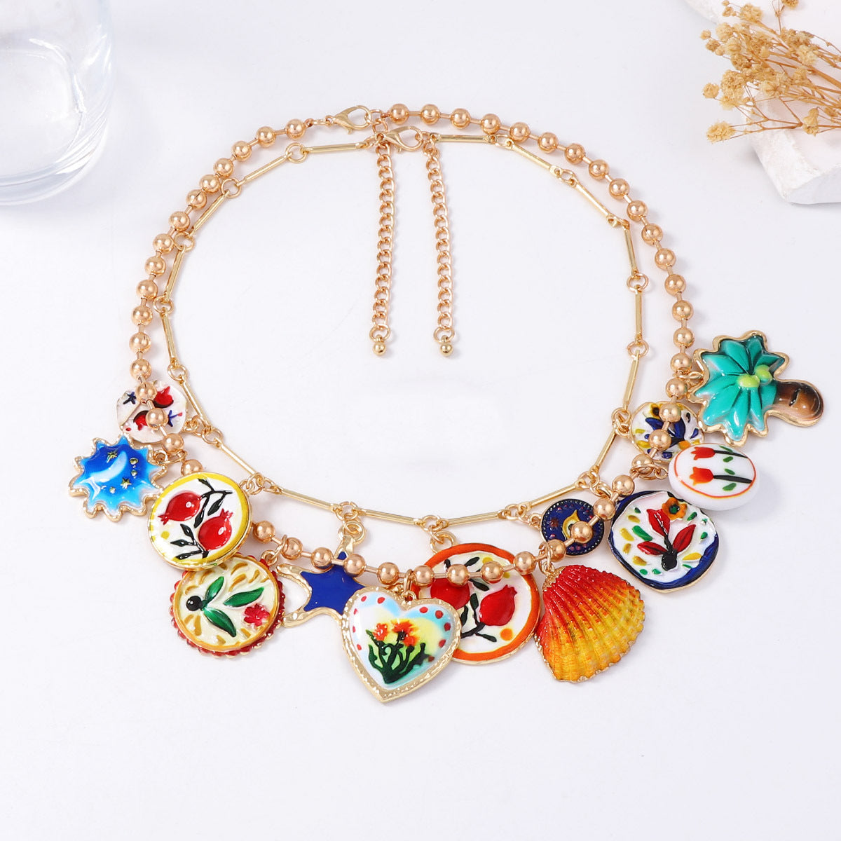 Stylish Alloy Floral Print Pendant Necklace with Double Chain - Unique Colorful Flower Design for Women's Casual Wear