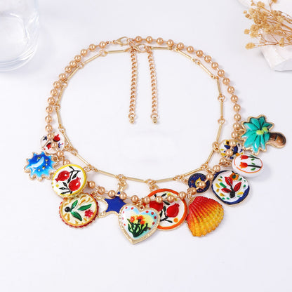 Stylish Alloy Floral Print Pendant Necklace with Double Chain - Unique Colorful Flower Design for Women's Casual Wear