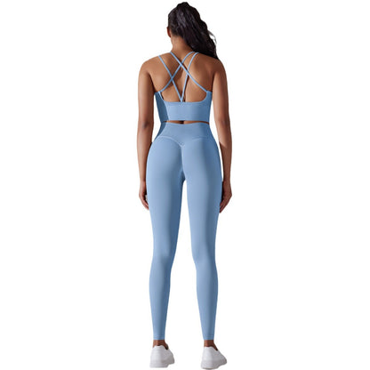 Seamless Knit Solid Color High Waisted Yoga Set Two Piece Workout Outfit for Running and Fitness