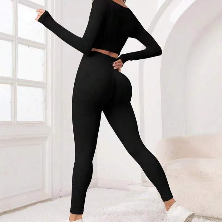 Seamless Workout Yoga Long Sleeve Set for Women High Waist Butt Lifting Ribbed Leggings Top Combo for Comfort and Style