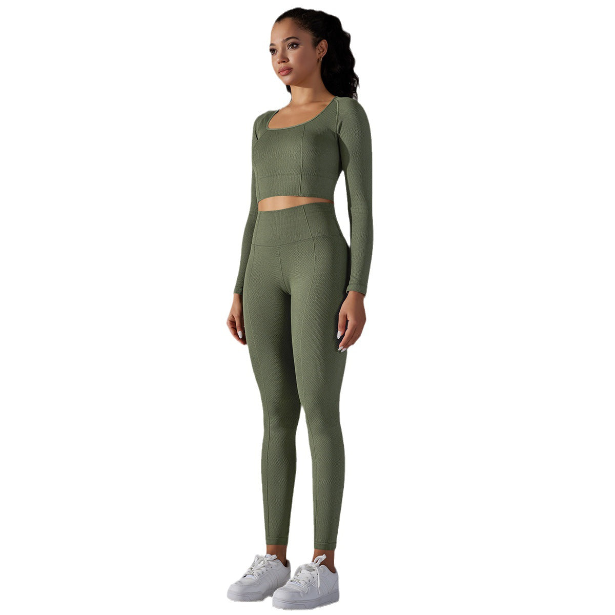 Seamless Polka Dot High Neck Sports Yoga Long Sleeve Top with Color Block High Waisted Tummy Control Leggings Set for Comfort and Style