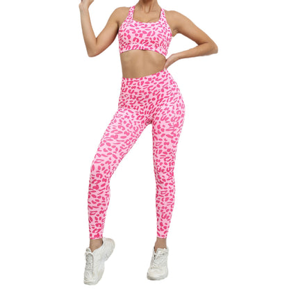 Leopard Print Yoga Set with Gorgeous Back Design High Waisted Peach Lifting Workout Outfit for Women