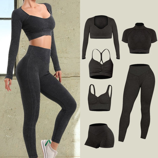 6 Piece Seamless Outdoor Yoga Set for Women Textured Leggings Sports Bra and Comfortable Fitness Apparel for Performance