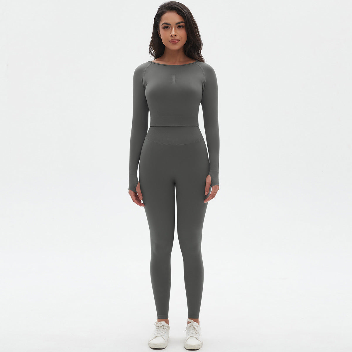 Seamless Solid Color Crew Neck Ruched Long Sleeve Yoga Set with High Waist Leggings for Peachy Two Piece Activewear Outfit