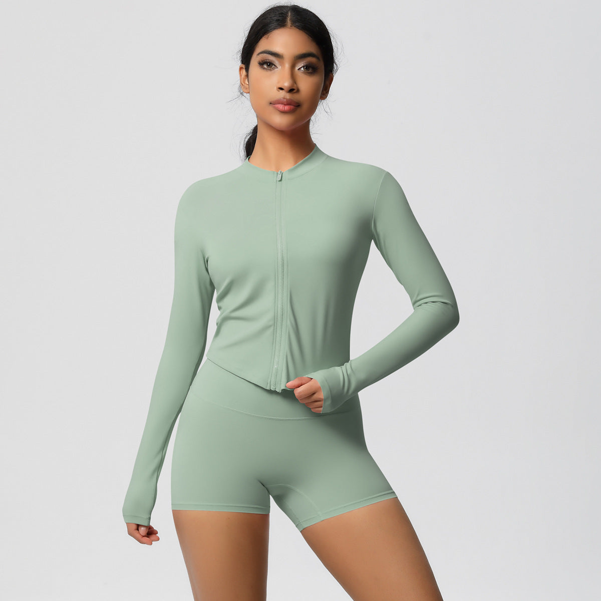 Soft Brushed Zip Up Jacket and High Waisted Short Yoga Set for Outdoor Sports and Fitness Training