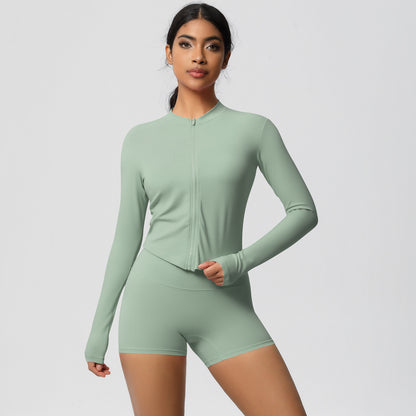 Soft Brushed Zip Up Jacket and High Waisted Short Yoga Set for Outdoor Sports and Fitness Training