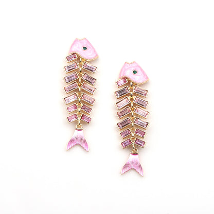 Vintage-Inspired Fishbone Drop Earrings with Rhinestone Accents – Unique Zinc Alloy Animal-Inspired Jewelry for Women