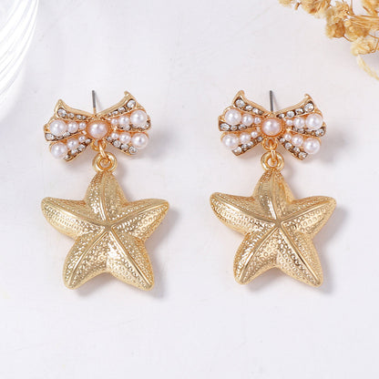 Chic Ocean-Inspired Alloy Earrings with Faux Pearl Bow and Star Design – Versatile Women's Accessories for Every Occasion