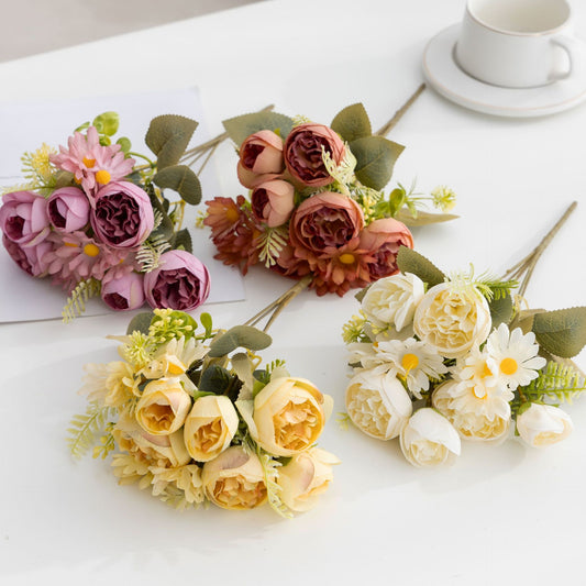 Stunning Artificial Floral Arrangement with Dried Peonies and Charming Little Daisies - Perfect Home Decor for Hotels and Living Spaces