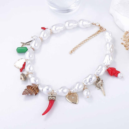 Elegant Baroque-Inspired Faux Pearl Heart Alloy with Ceramic Fish and Seashell Pendants – Stunning Women’s Necklace Collection