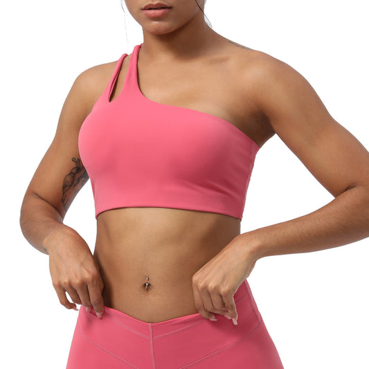 Women's Asymmetrical Shoulder Sports Bra Hollow Back Design for Running Yoga Fitness with Removable Padding and Shock Absorption