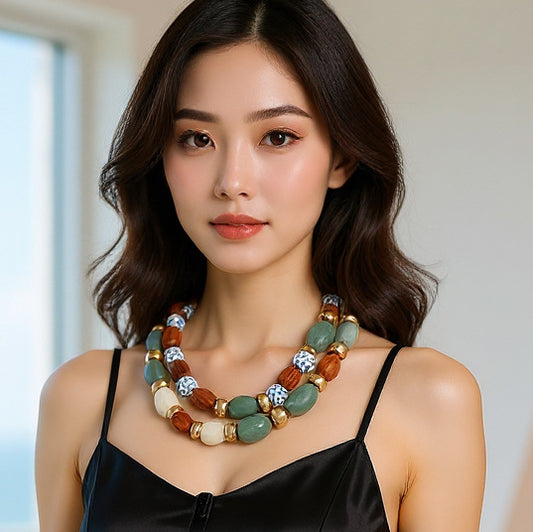 Bohemian Style Geometric Wooden Bead Layered Necklace – Versatile Tribal-Inspired Jewelry for Everyday Chic