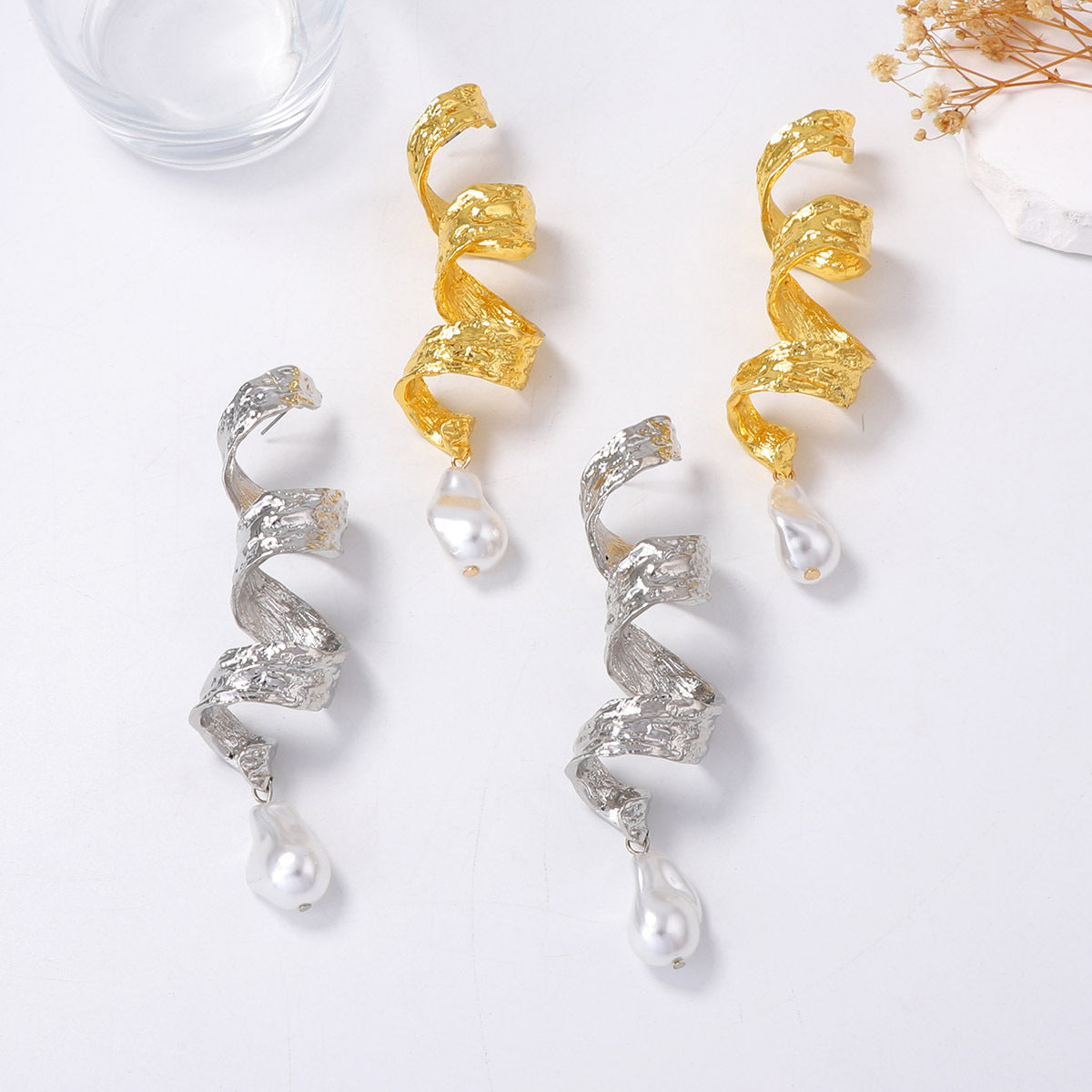 Vintage Baroque Alloy Geometric Twisted Spiral Ribbon Luxe Showstopper Faux Pearl Earrings - Elegant Statement Jewelry for any Occasion