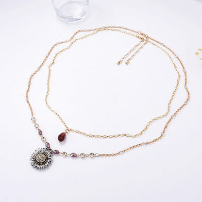 Bohemian-Inspired Vintage Geometric Alloy Sunflower Pendant Necklace with Double Layer Chain for Women - Unique, Stylish, and Perfect for Everyday Wear