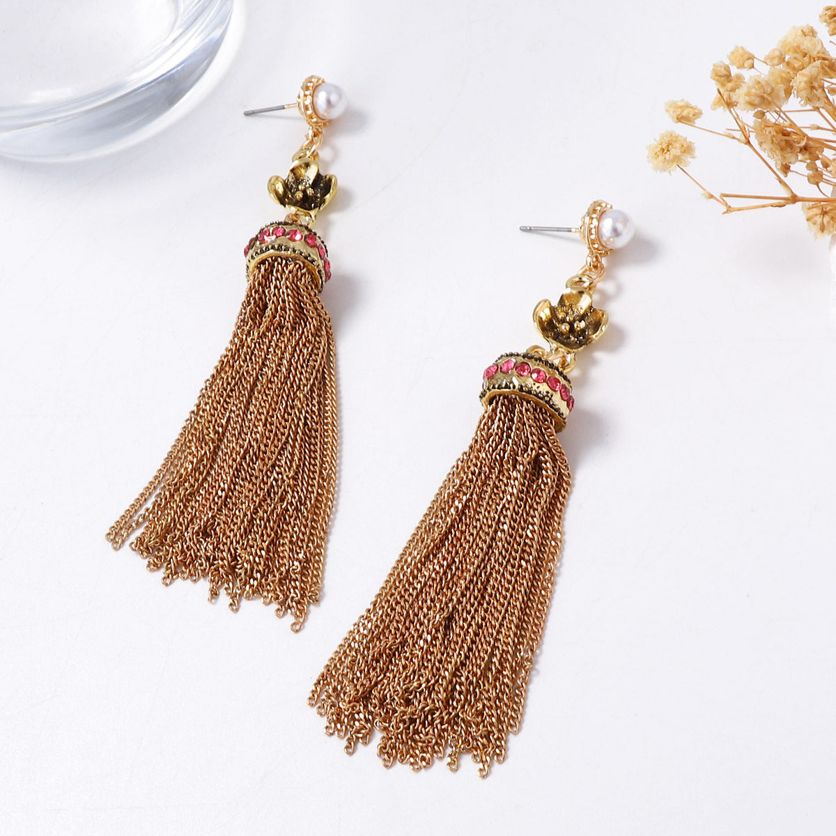 Bohemian-Inspired Geometric Tassel Drop Earrings with Dazzling Zirconia Stones - Vintage Ethnic Style for Unique Personal Expression