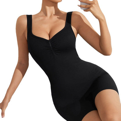 Seamless Ribbed V Neck Bodysuit for Women Short Tight Fitting Jumpsuit Ideal for Yoga Gym and Everyday Wear with Butt Lifting Design