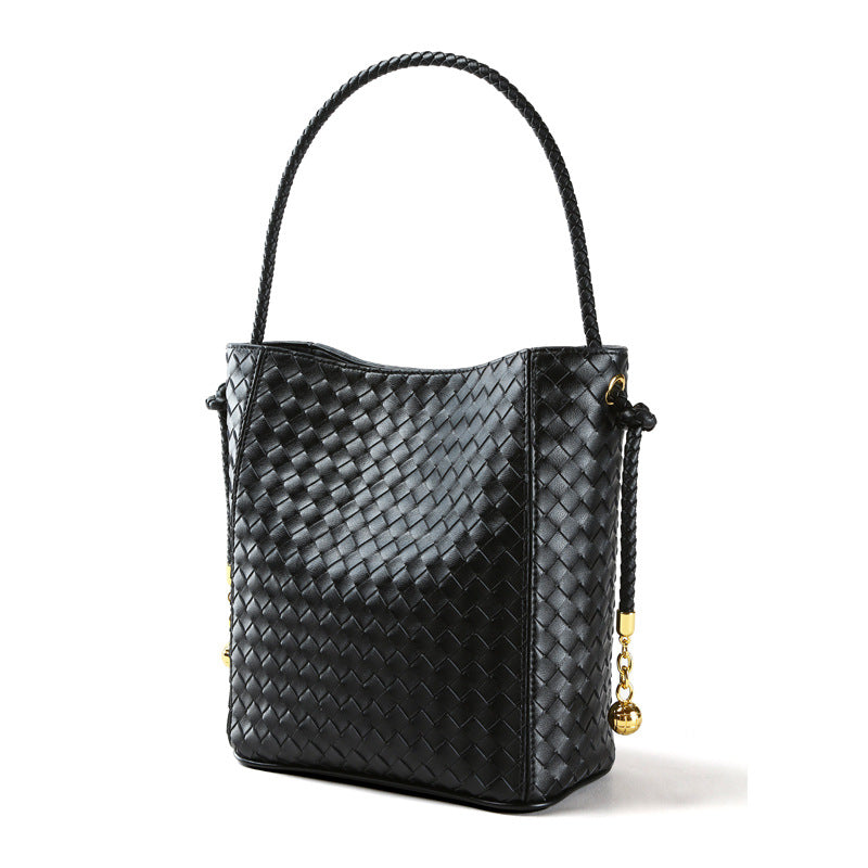 and Women's Leather Bucket Bag Spacious Handheld Tote for Everyday Commutes Genuine Cowhide Weave Design for Work and Casual Outings