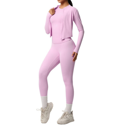 Quick Dry Skin Friendly Long Sleeve Yoga Set Slimming 3 Piece Outdoor Running Outfit with Fitness Pants and Jacket for Maximum Comfort and Performance