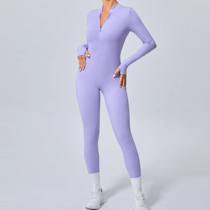 Form Fitting Women s Sports Bodysuit Without Cup Padding Long Sleeve Yoga Jumpsuit with Thumb Holes and Half Zip Front for Gym and Fitness Classes Model 5025