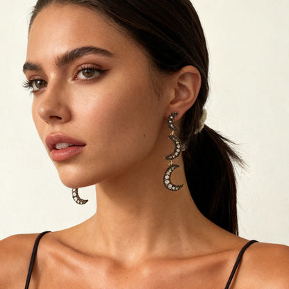 Chic and Elegant Long Moon-Shaped Drop Earrings for Women - Gorgeous Alloy, Openwork Design, and Sparkling Zircon-Inlay for a Touch of Luxury