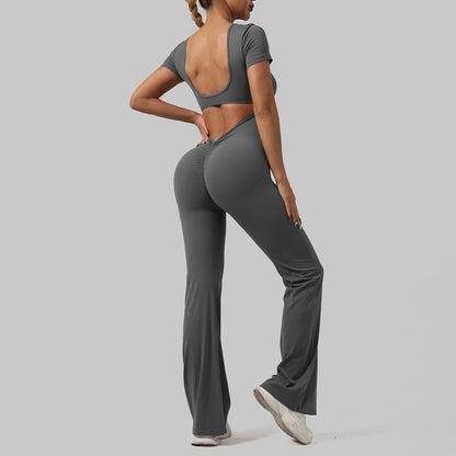 Short Sleeve Casual Jumpsuit with Flared Pants Backless Butt Lifting Fit for Comfort and Yoga Enthusiasts