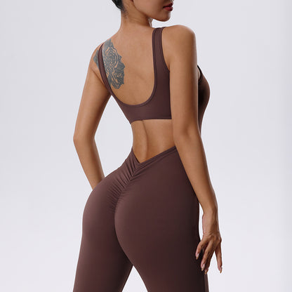 Yoga One Piece Bodysuit with Built In Sports Bra Compression Fitness Set Featuring Removable Padding Flared Long Pants for Comfort and Performance