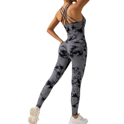 Tie Dye Long Pants Bodysuit with Cross Strap Sports Bra Women's Yoga Outfit for Outdoor Activities Cycling and Fitness