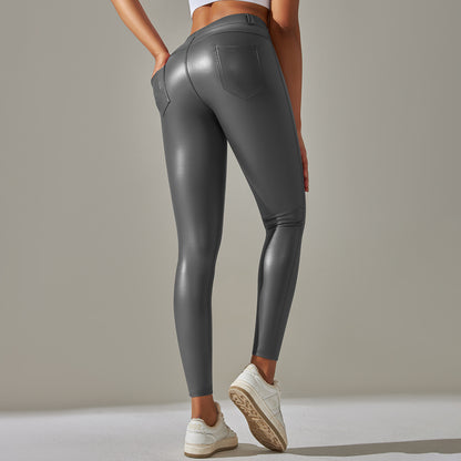 High Elastic PU Leather Leggings for Women Solid Color Glossy Finish Soft Fleece Lined Pocketed Fitness Pants for Running and Yoga