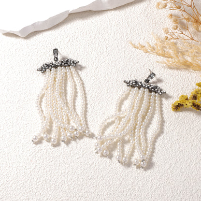 Creative and Exaggerated Geometric Pearl-Style Tassel Earrings for Women - Glamorous Zirconia Accents and Unique Design