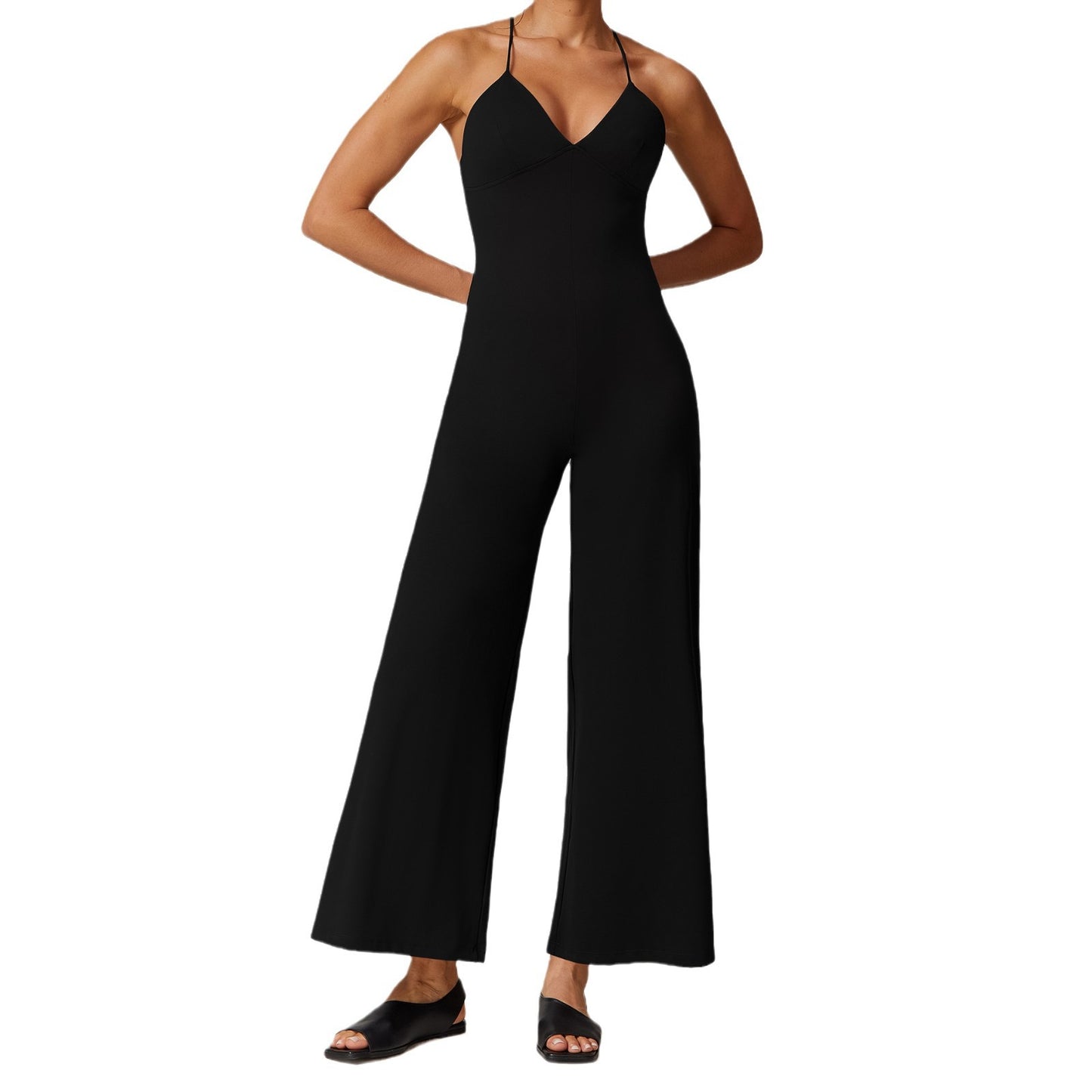 Chic Backless V Neck Jumpsuit with Adjustable Straps Solid Color Yoga Pants for Comfort and Flexibility