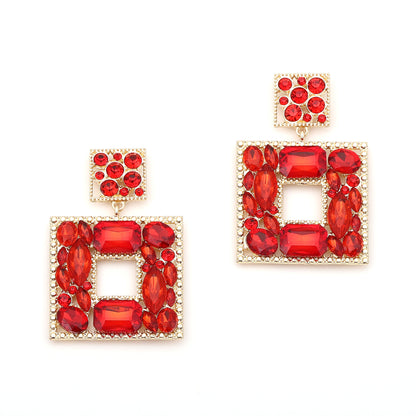 Stunning  Geometric Square Alloy Earrings with Colorful Rhinestones - Luxe, Bold, and Unique Design for a Striking Look