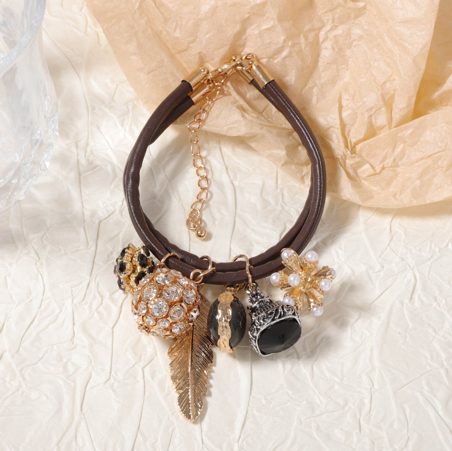 Elegant Double-Layer Alloy Pendant with Zirconia Stone in Geometric Sphere and Leaf Design – Stylish Casual Bracelet for Women