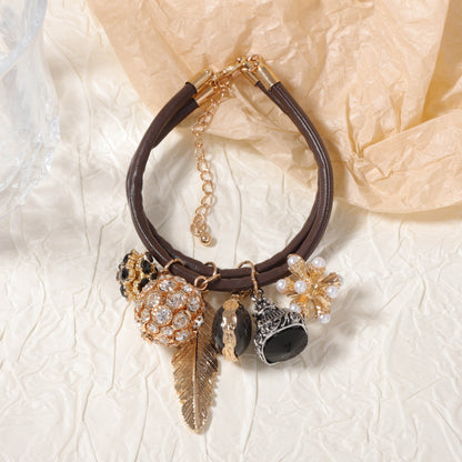 Elegant Double-Layer Alloy Pendant with Zirconia Stone in Geometric Sphere and Leaf Design – Stylish Casual Bracelet for Women