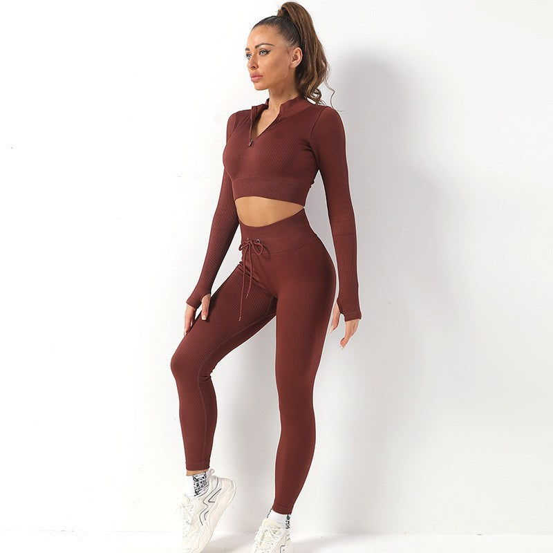 Women's Long Sleeve Yoga Set Zip Up Fitness Outfit with Yoga Top and Comfortable Long Pants for Active Lifestyle