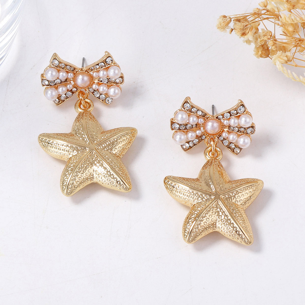 Chic Ocean-Inspired Alloy Earrings with Faux Pearl Bow and Star Design – Versatile Women's Accessories for Every Occasion